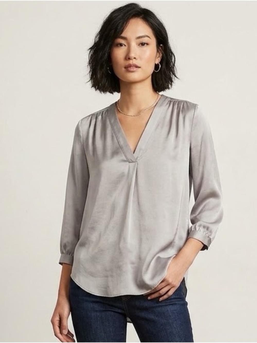 alex & lili Satin V-Neck Blouse in Light Silver Gray, Women’s Size Small